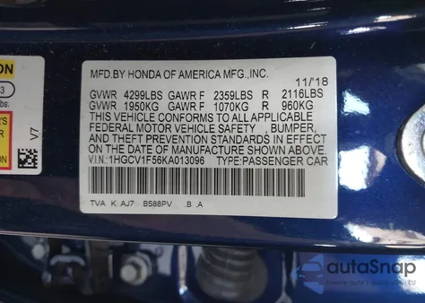 2019 Honda Accord Ex-L из США, поврежденный, VIN 1HGCV1F56KA013096